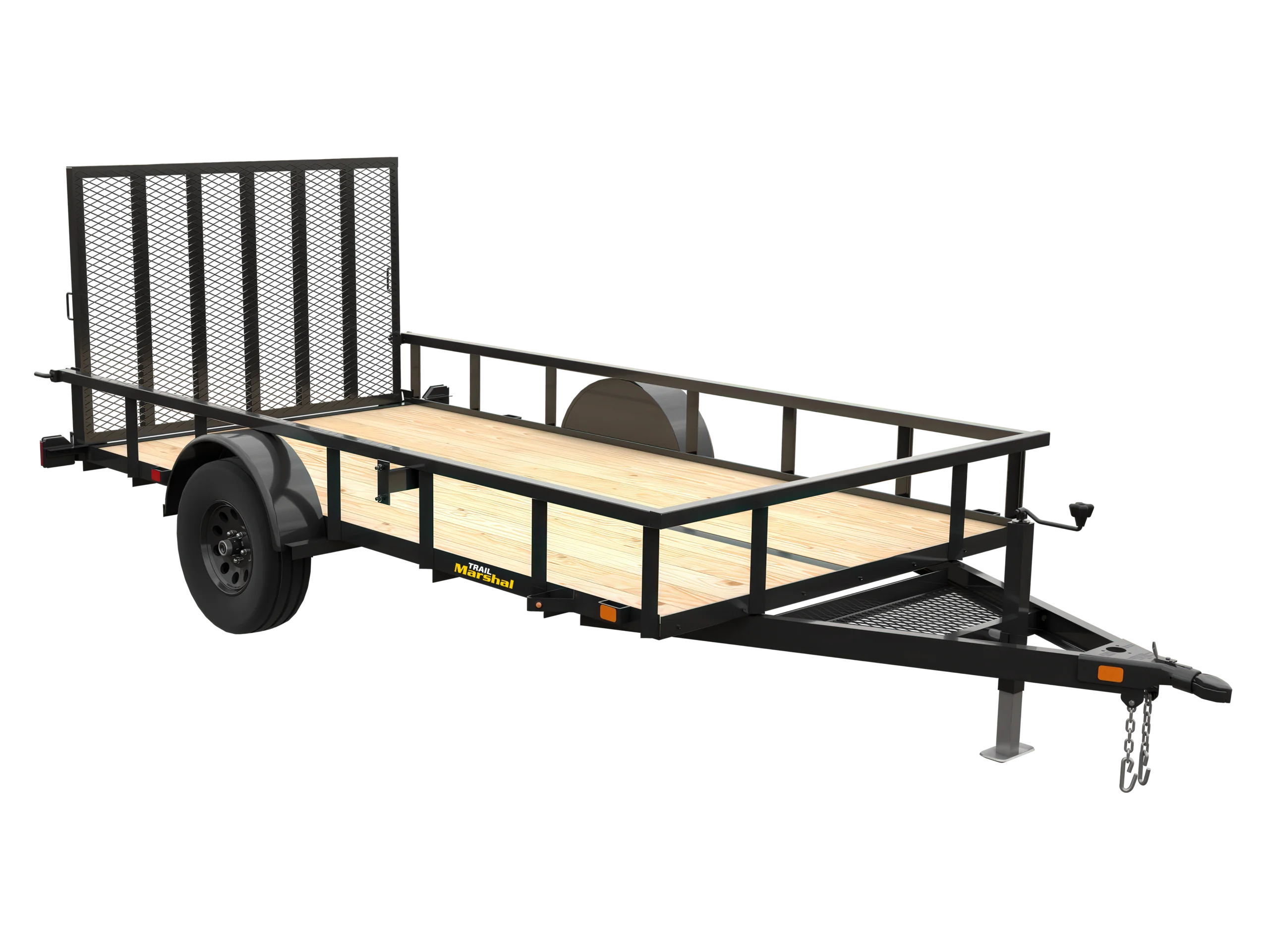 Single-axle open utility trailer with a black steel frame, light wood deck, side rails, rear mesh loading ramp, front A-frame hitch with jack stand and safety chains, and black fenders, shown on a transparent background.