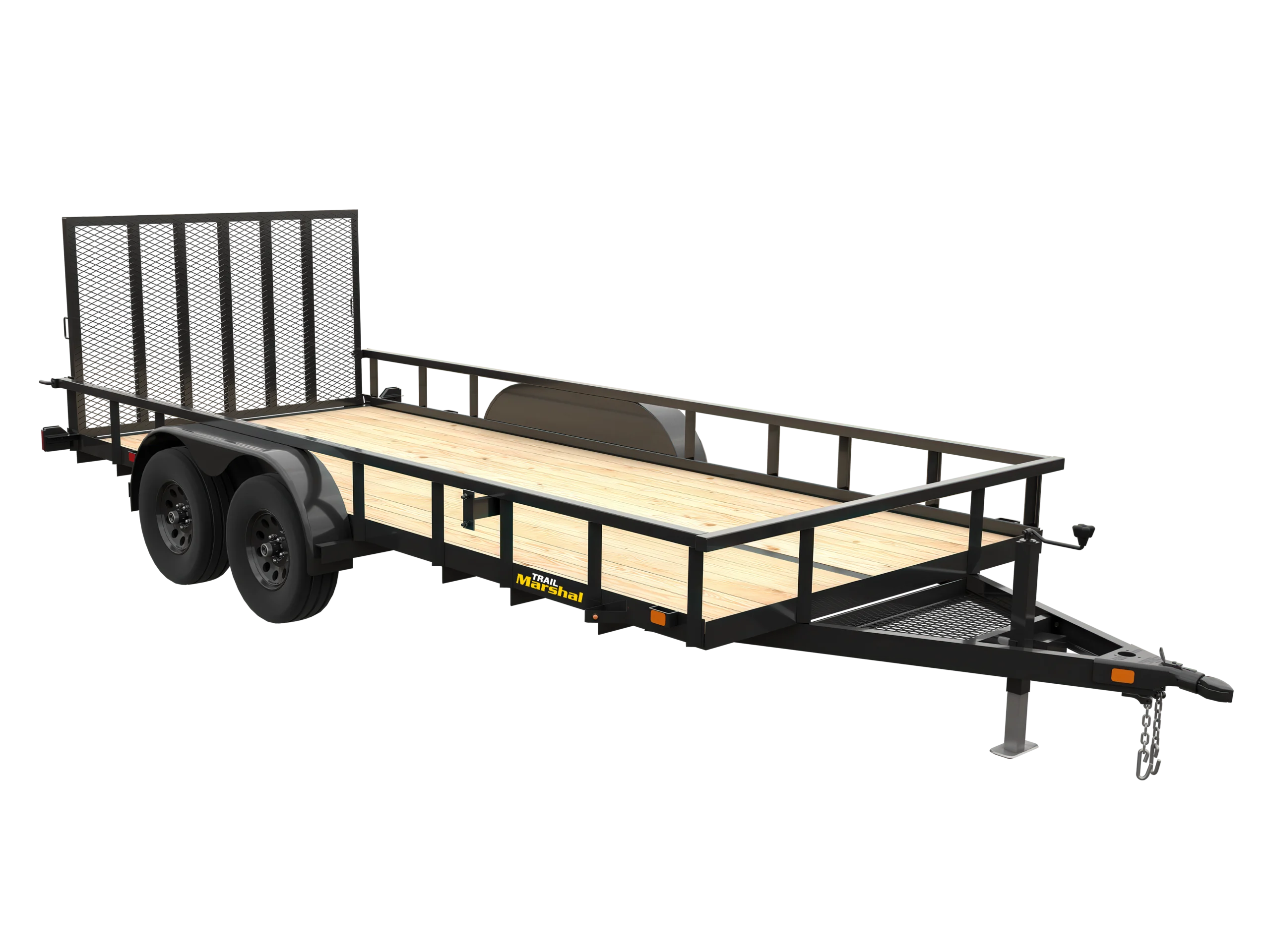 Dual-axle open utility trailer with a black steel frame, light wood deck, side rails, rear mesh loading ramp, front A-frame hitch with jack stand and safety chains, black fenders, and tandem wheels, shown on a transparent background.